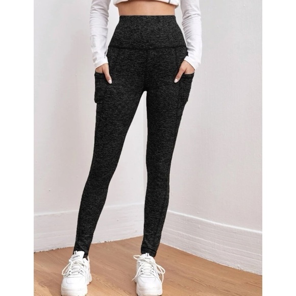 NEW High Rise Contrast Stitching Leggings Pockets Medium Pull On Stretchy black - Picture 5 of 11